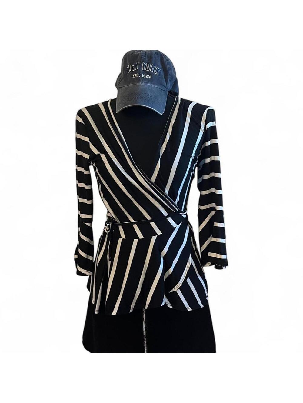 BCX Black & White Striped Whimsygoth Goth Y2K Bell Flare Sleeve Wrap Top Women S